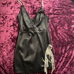 Plunging neck Fringe asymmetrical hem satin dress